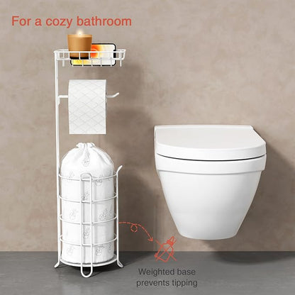 Goozii White Toilet Paper Holder Stand with Shelf, Free Standing Bathroom Tissue Holder for Large Mega Rolls, Metal Floor Toilet Paper Roll Holder with Wipes Storage and Phone Tray (White)
