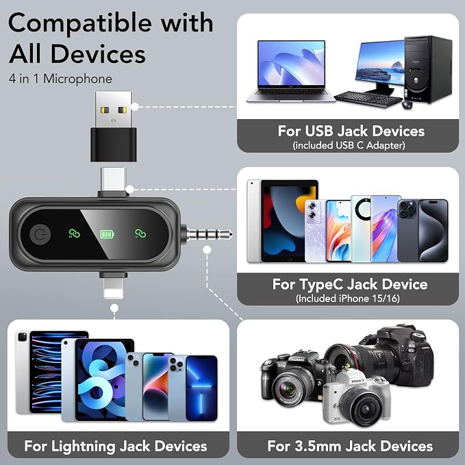 3 in 1 Mini Wireless Lavalier Microphone for All Devices (iOS, Andriod, Camera, PC) - Noise Reduction Lapel Mic for Recording, Clip on Omni Lav Mic for Video Recording, Tiktok, YouTube, Vlog