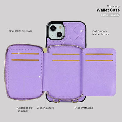 Bocasal Crossbody Wallet Case for iPhone 14 Plus, RFID Blocking PU Leather Zipper Handbag Purse Flip Cover, Kickstand Folio Case with Card Slots Holder Wrist Strap Lanyard 5G 6.7 Inch (Purple)