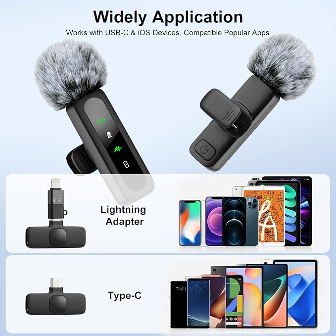 Wireless Mini Microphone for iPhone-Noise Reduction Lapel Mic for Ipad, Android,Clip-on Mini Microphone,Ideal for Vlog Tiktok YouTube Podcast Content Creator