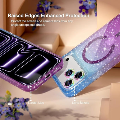 Choiche Magnetic for iPhone 17 Pro Case Compatible with MagSafe, Women Cute Glitter Sparkly Phone Case with Diamond Camera Lens Protectors, Military-Grade Drop Protection 6.3" (Blue/Purple)