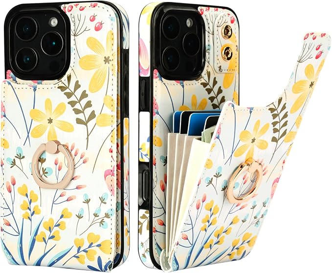 HAOPINSH for iPhone 16 Pro Max Wallet Case with Card Holder, 360°Rotation Ring Kickstand, Floral Flower Pattern, RFID Blocking Leather for Girls Women, Double Buttons Protective Cover 6.9"
