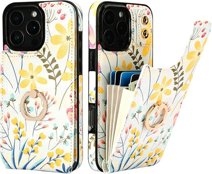 HAOPINSH for iPhone 16 Pro Max Wallet Case with Card Holder, 360°Rotation Ring Kickstand, Floral Flower Pattern, RFID Blocking Leather for Girls Women, Double Buttons Protective Cover 6.9"