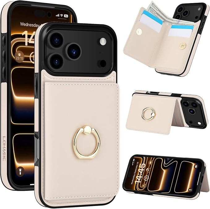 LOHASIC for iPhone 17 Pro Case Wallet with Card Holder, 360° Rotation Ring, RFID Blocking, 5 Card Slots, PU Leather 6.3" Cover for Apple 17 Pro Men Women, Ivory White