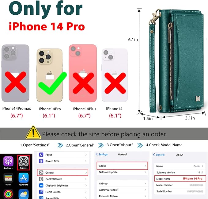 Wallet Case for iPhone 14 Pro with Card Holder/Crossbody Wallet/Strap| RFID Blocking | Magnetic | Kickstand | Detachable | PU Leather Phone Case for iPhone 14 Pro,6.1 in,Green