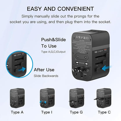 HAPOW Universal Travel Adapter, PD100W International Power Adapter,3 USB-C & 2 USB-A Fast Charging Travel Charger, All in One Worldwide Travel Plug Adapter, Outlet Adapter for EU UK USA AU, Black