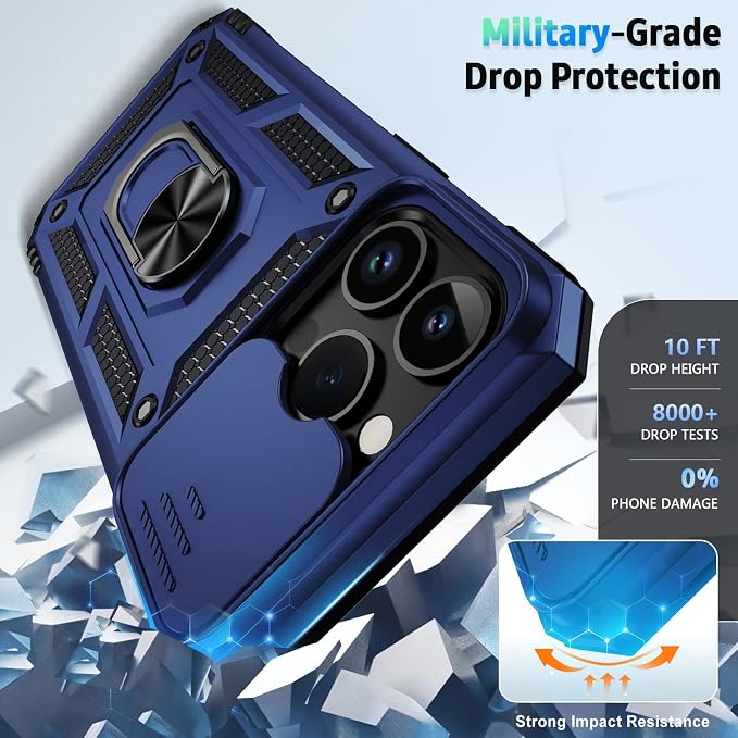 Weycolor for iPhone 14 Pro Max Case with Camera Lens Cover, HD Screen Protector, 10 FT Military Grade Drop Protection, Magnetic Ring Holder Kickstand Protective Phone Case, Navy Blue