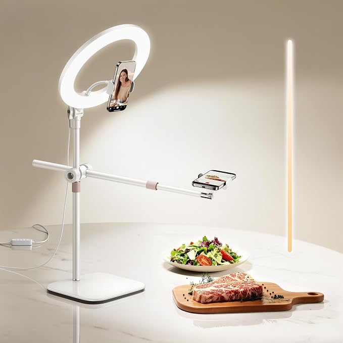 Overhead-Phone-Mount,Stable Overhead-Camera-Mount-Stand [Anti-Shaking] with 10.5" Ring Light, Flexible Desk-Stand for iPhone with Ring-Light for Video-Recording,Zoom Meeting,YouTube,TikTok, White
