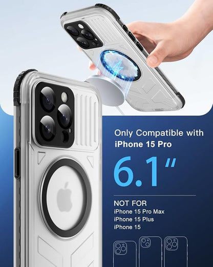for iPhone 15 Pro Waterproof Case with Magsafe, Built-in [Camera & Screen Protector] [Lanyard], IP68 Water Proof Full Body Dustproof Heavy Duty Frosted Protective Phone Cover, 6.1" Black