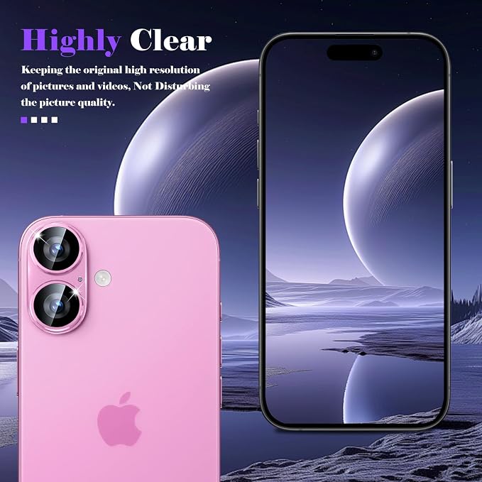 Camera Lens Protector for iPhone 16 / iPhone 16 Plus Camera Lens Protector [Strong Adsorption] [Not Easy to Break] Metal Tempered Glass Rear Camera Screen Cover - Pink