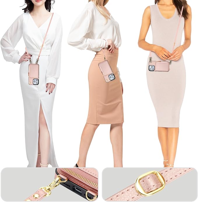 Bocasal for MagSafe Crossbody Wallet Case Compatible with iPhone 14 Pro Max, RFID Blocking Protective Purse Case with Card Slots Holder Kickstand Wrist Strap Lanyard Zipper 6.7 Inch 5G (Rose Gold)