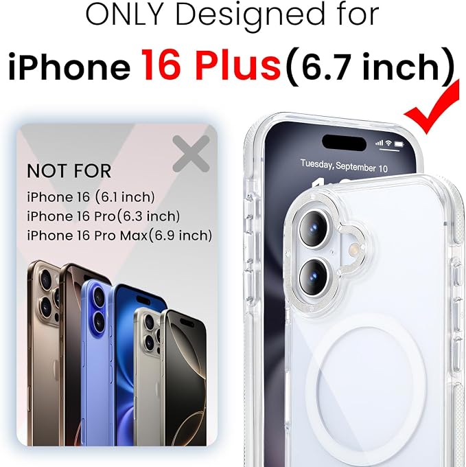 3 in 1 for iPhone 16 Plus Case Clear Bumper | with MagSafe,Screen Protector *1 & Camera Lens Protector*1, Shockproof Guard Corners, Military-Grade Protection