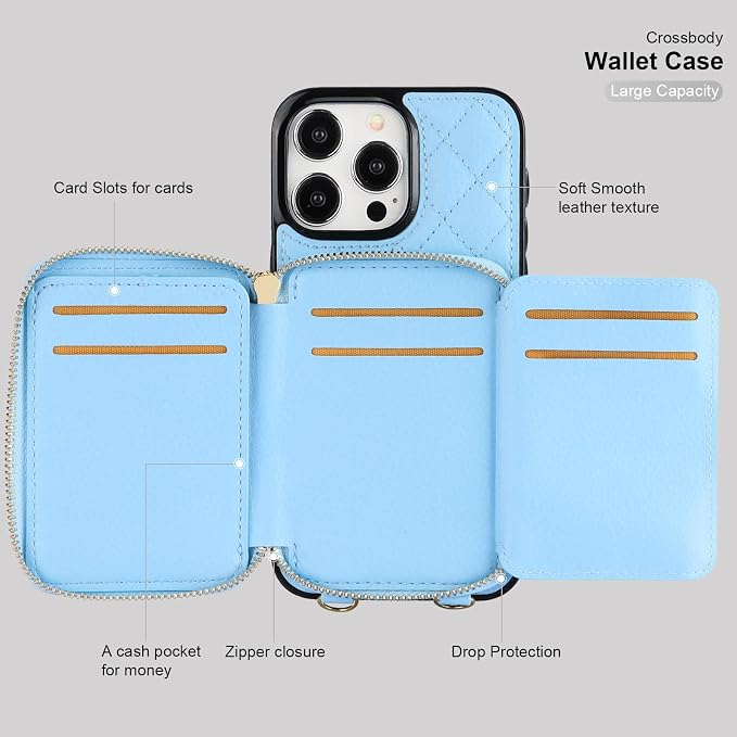 Bocasal Crossbody Wallet Case for iPhone 15 Pro Max, RFID Blocking PU Leather Zipper Handbag Purse Flip Cover, Kickstand Folio Case with Card Slots Holder Wrist Strap Lanyard 5G 6.7 Inch (Blue)