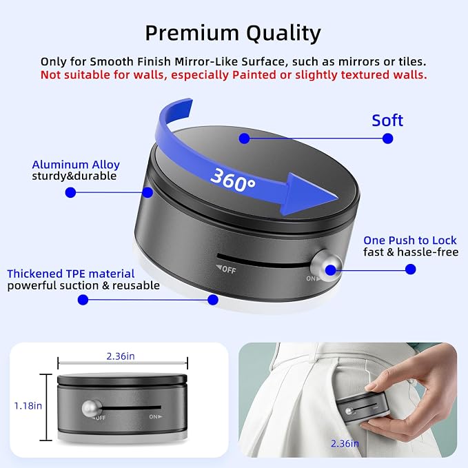 pop-tech Magnetic Vacuum Suction Mirror Phone Holder (Smooth Mirror Surface Only), Gym Bathroom Kitchen Shower Phone Mount for Magsafe iPhone Android Makeup, Selfies, Videos