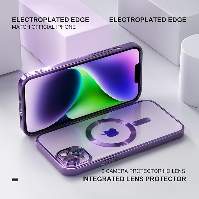 Misea Magnetic for iPhone 14 Plus Case Compatible with MagSafe [Never Yellowing] [Military Grade Drop Protection] Full Camera Lens Protector Plating Soft Clear Phone Case for Women Girls, Purple