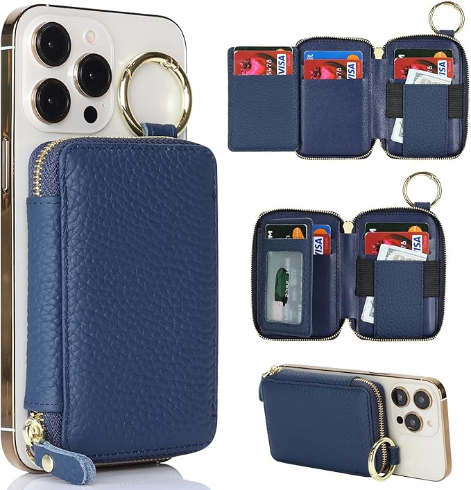 Cavor Compatible with MagSafe Wallet Genuine Leather Cash Wallets for Women, Magnetic Phone Wallet for iPhone 17 Pro Max/16/15/14/13/12, id Credit Card Holder with Mag safe Keychain-Blue