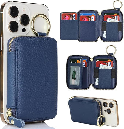 Cavor Compatible with MagSafe Wallet Genuine Leather Cash Wallets for Women, Magnetic Phone Wallet for iPhone 17 Pro Max/16/15/14/13/12, id Credit Card Holder with Mag safe Keychain-Blue