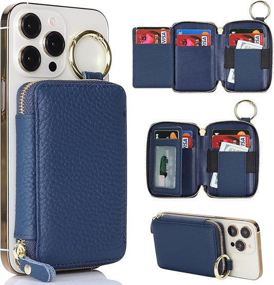 Cavor Compatible with MagSafe Wallet Genuine Leather Cash Wallets for Women, Magnetic Phone Wallet for iPhone 17 Pro Max/16/15/14/13/12, id Credit Card Holder with Mag safe Keychain-Blue