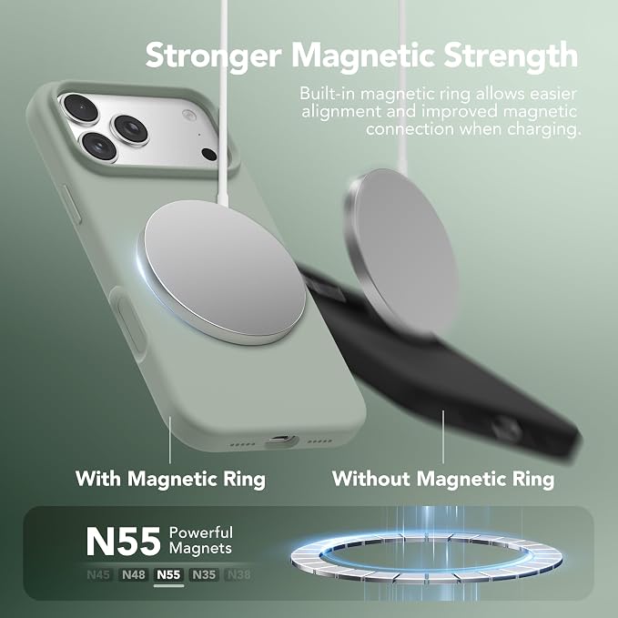 GONEZ Magnetic for iPhone 17 Pro Case, Compatible with MagSafe, [Screen Protector + Camera Lens Protector], Liquid Silicone Anti-Scratch Shockproof Protective Phone Case 6.3 inch, Light Green
