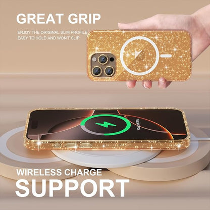 Choiche for iPhone 16 Pro Case Magnetic, Women Clear Glitter Bling Sparkly Case, [3xDiamond Camera Lens Protectors] [2xTempered Glass Screen Protectors] [Compatible MagSafe] 6.3"(Glitter Gold)