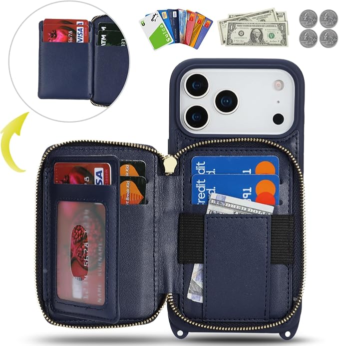 Crossbody Wallet Case for iPhone 17 Pro Max, PU Leather Zipper Handbag Purse Flip Cover, Kickstand Folio Case with Card Slots Holder Wrist Strap Lanyard 5G 6.9 Inch-Blue