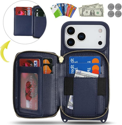 Crossbody Wallet Case for iPhone 17 Pro Max, PU Leather Zipper Handbag Purse Flip Cover, Kickstand Folio Case with Card Slots Holder Wrist Strap Lanyard 5G 6.9 Inch-Blue