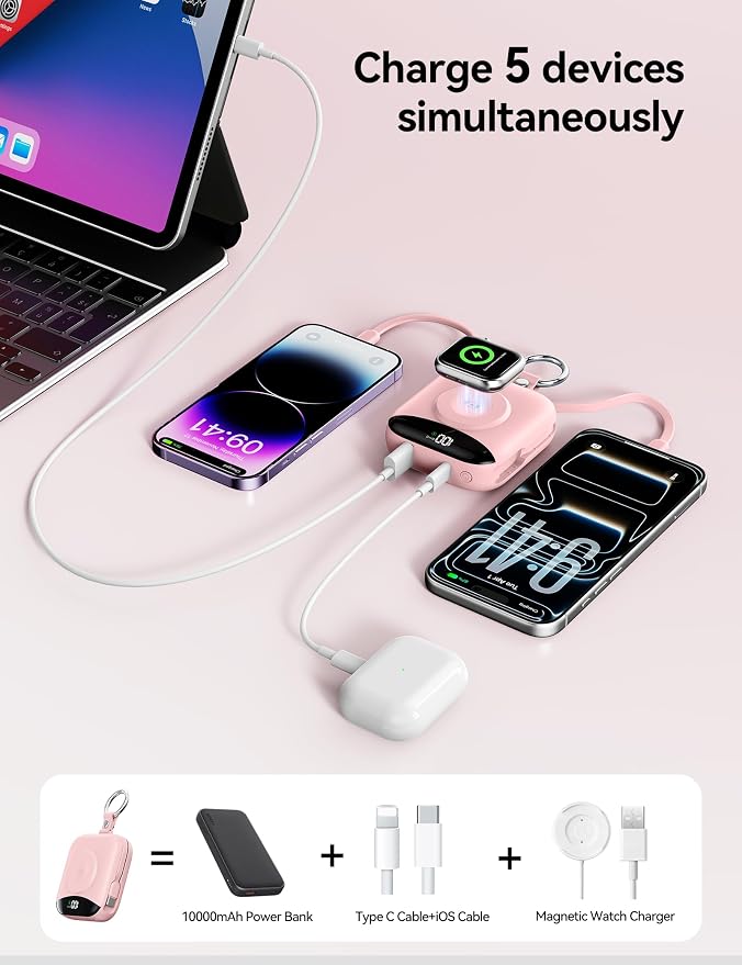 Portable Charger Power Bank, 10000mAh Fast Charging Power Bank with Built-in Cables, Travel Keychain Battery Pack with LED Display for iPhone Samsung Android iPad iWatch Charger 11/10/9/8/Ultra,Pink