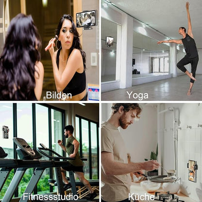 Powerful Suction Cup iPad & Tablet Wall Mount for Mirror, Glossy Tiles & Glass, Pad Holder for Bathroom, Kitchen, Gym, Yoga, Makeup, Supports extra 3 pads for 24H, Fits devices from 5.5"-12.9" (Black)