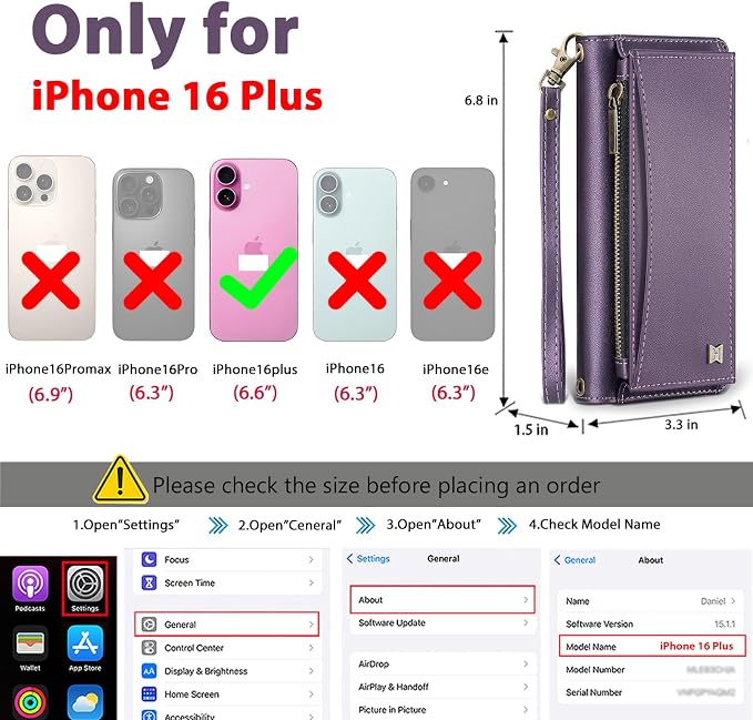 Wallet Case for iPhone 16 Plus with Card Holder/Crossbody Wallet/Strap| RFID Blocking | Magnetic | Kickstand | Detachable | PU Leather Phone Case for iPhone 16 Plus,6.7 in,Purple