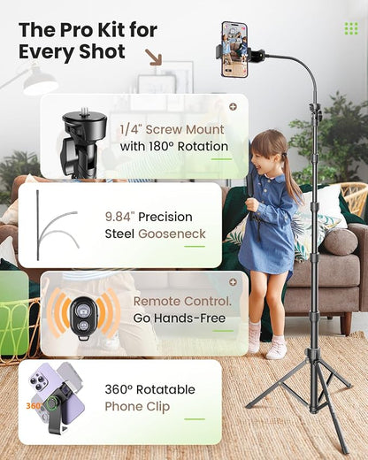 CAMBOFOTO 82" Phone Tripod Stand with Gooseneck, Remote and Phone Holder, Selfie Stick & Overhead Tripod for Recording/Cooking/Fitness/Vlog, Compatible with iPhone Android Samsung, Camera