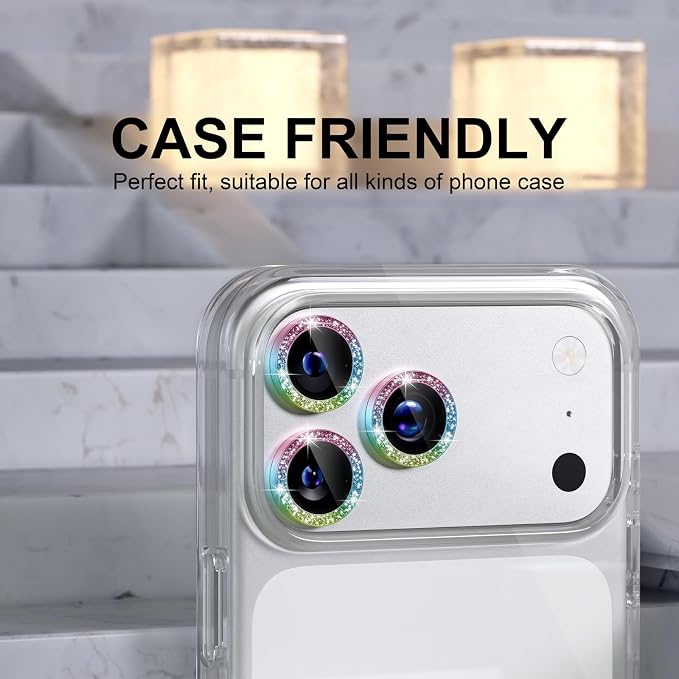 Choiche Compatible for iPhone 17 Pro/iPhone 17 Pro Max Camera Lens Protector Bling, 9H Tempered Glass Camera Cover Screen Protector Metal Ring Decoration Accessories (Glitter-Colorful)