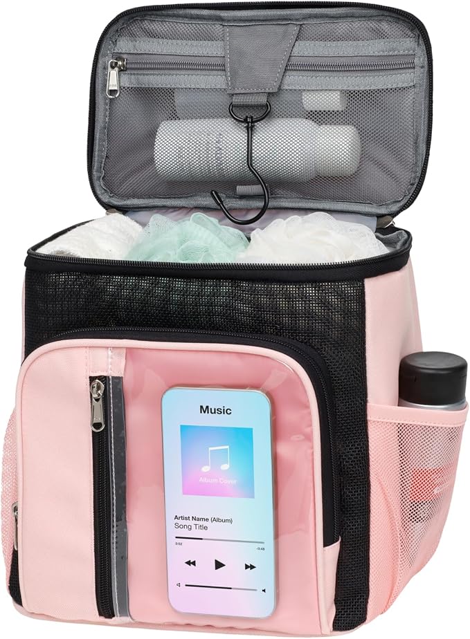 F-color Shower Caddy Portable for College Dorm Essentials - Large Hanging Sturdy Handle Toiletry Tote Bag with Hook, Multiple Pockets, Quick Dry Organizer for Camping, Travel, Gym, Light Pink