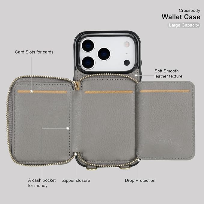 Bocasal Crossbody Wallet Case for iPhone 17 Pro, RFID Blocking PU Leather Zipper Handbag Purse Flip Cover, Kickstand Folio Case with Card Slots Holder Wrist Strap Lanyard 5G 6.3 Inch (Grey)