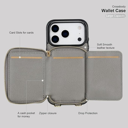 Bocasal Crossbody Wallet Case for iPhone 17 Pro, RFID Blocking PU Leather Zipper Handbag Purse Flip Cover, Kickstand Folio Case with Card Slots Holder Wrist Strap Lanyard 5G 6.3 Inch (Grey)