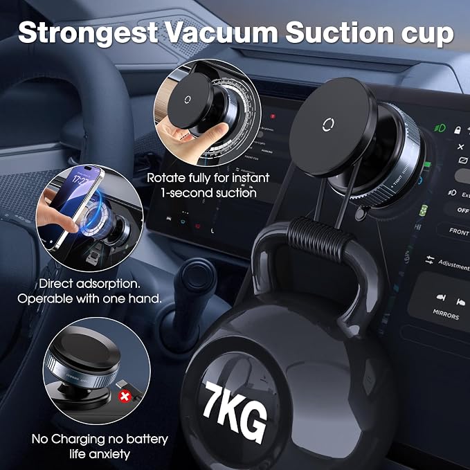 360° Rotatable Vacuum Magnetic Phone Holder, Adjustable Hands-Free Suction Cup Car Phone Mount for Car/Gym/Mirror/Smooth Surface, Compatible with iPhone Android and All Smartphones