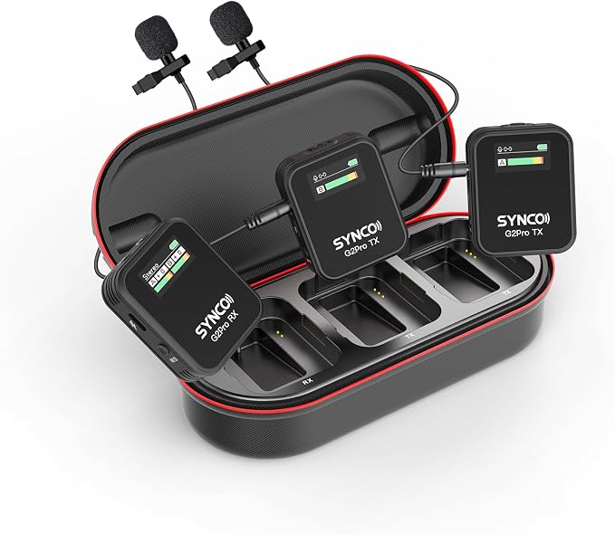SYNCO G2(A2) Pro Dual Wireless Lavalier Mic with Charging Case 48KHz 24Bit for Vlogging Live Streaming Interviews Lapel Microphone 656FT for Camera Smartphone Tablet