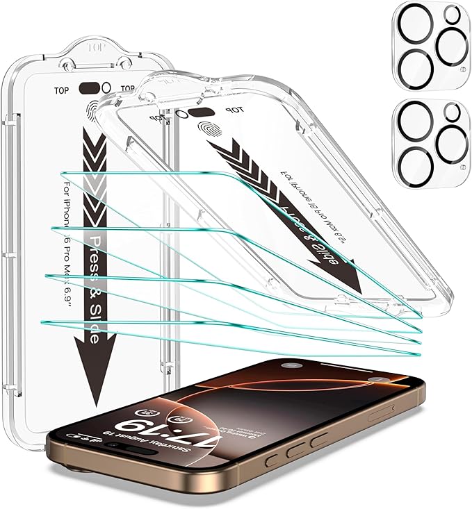 EZ-GLAZ- 4 Pack for iPhone 16 Pro Max Screen Protector[6.9"] With 2 Pack Camera Lens Protector, 9H+ Hardness 12FT Military Grade Shatterproof Scratch Resistant Durable Tempered Glass Film with Flawless Fit Kit, HD Clear