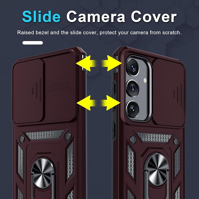 Janmitta Compatible with Samsung Galaxy S25 Plus/S24 Plus Case Built in Slide Camera Lens Cover+Screen Protector+Finger Ring Holder Kickstand,Heavy Duty Shockproof Full Body Phone Cover,Wine Red