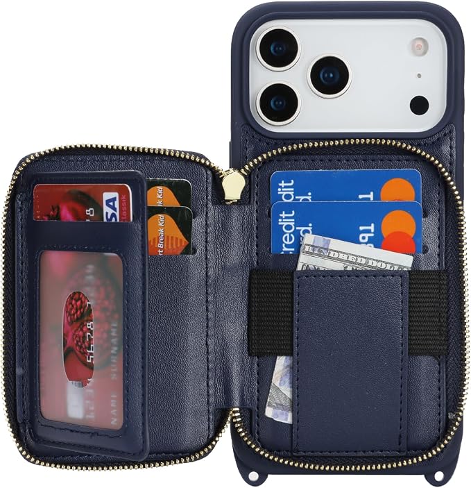 Crossbody Wallet Case for iPhone 17 Pro Max, PU Leather Zipper Handbag Purse Flip Cover, Kickstand Folio Case with Card Slots Holder Wrist Strap Lanyard 5G 6.9 Inch-Blue