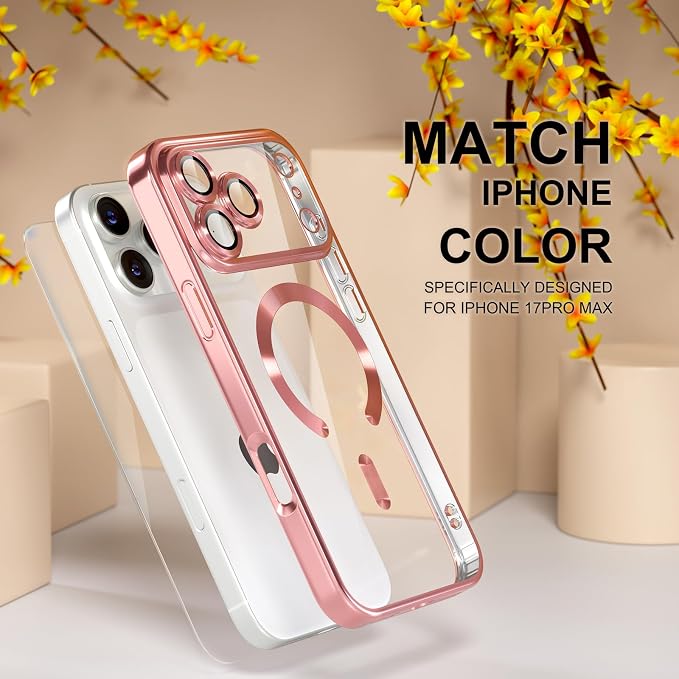 Misea Magnetic for iPhone 17 Pro Max Case Compatible with MagSafe [Never Yellowing] [Military Grade Drop Protection] Full Camera Lens Protector Plating Soft Clear Phone Case for Women, Pink