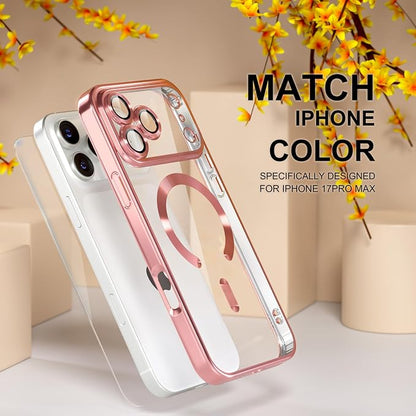 Misea Magnetic for iPhone 17 Pro Max Case Compatible with MagSafe [Never Yellowing] [Military Grade Drop Protection] Full Camera Lens Protector Plating Soft Clear Phone Case for Women, Pink