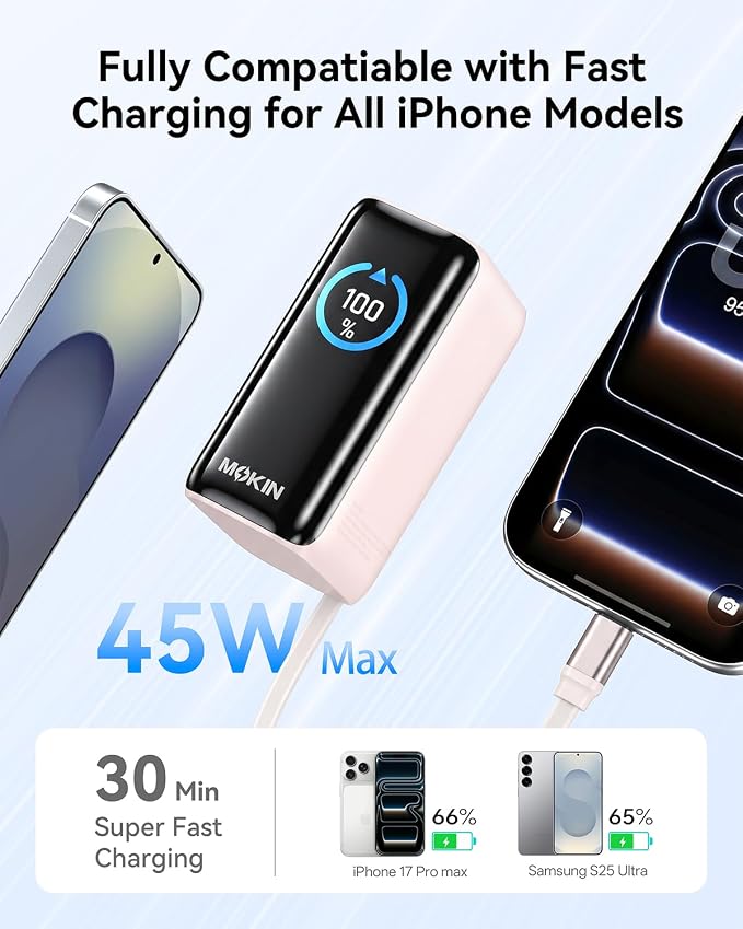 MOKiN Portable Charger with Built-in Retractable USB-C Cable, 45W Fast Charging 10000mAh Power Bank, Compact Travel Battery Pack for iPhone 17/16, Samsung Galaxy, iPad, Pixel and More
