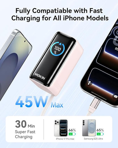 MOKiN Portable Charger with Built-in Retractable USB-C Cable, 45W Fast Charging 10000mAh Power Bank, Compact Travel Battery Pack for iPhone 17/16, Samsung Galaxy, iPad, Pixel and More
