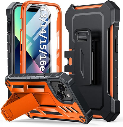 for iPhone 13/14/15 Phone Case: for iPhone 16e Protective Cover with Belt Clip Holster | Durable Dual-Layer Design with Built-in Kickstand | Heavy Duty Military Grade Hard Protection Shock Proof