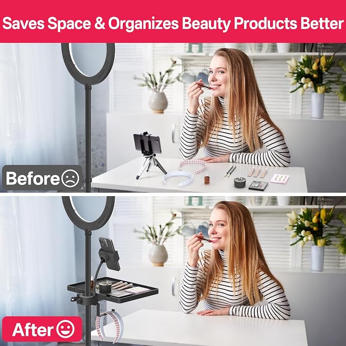 Adjustable Lash Tray Holder for Ring Light Tray– Clip-On Organizer Stand with Phone Holder & Mirror Hook to Put Eyelash Extension Supplies, Perfect for Lash Techs & Salon or Home Use