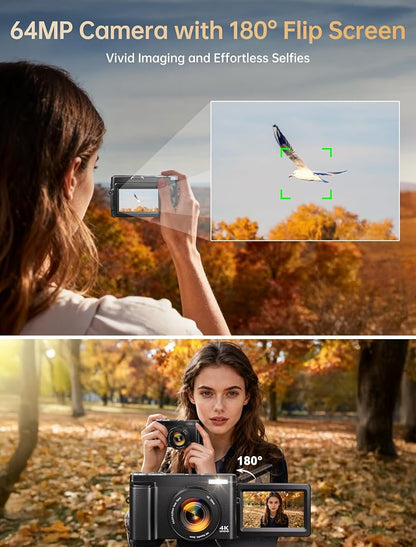 4K Digital Camera for Photography, 64MP Autofocus WiFi Vlogging Camera for YouTube with 3'' 180° Flip Screen,Travel Camera with SD Card, Point and Shoot Digital Camera 16X Zoom, UV Filter,2 Batteries