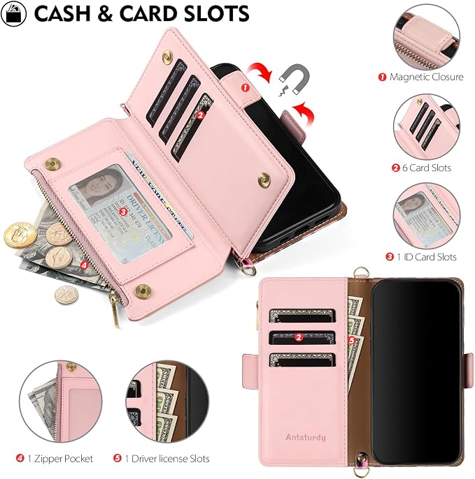 Antsturdy Compatible with iPhone 15 Wallet Case for Women【RFID Blocking】 Crossbody Phone Case PU Leather Zipper Wrist Strap Flip Cover Credit Card Holder Slots,for Apple 15 6.1",Leopard-Pink