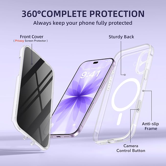 BERFY for iPhone 17 Case, Compatible with MagSafe, Built-in Privacy Screen Protector, Camera Protection, Shockproof Full Body Phone Case 6.3", Clear