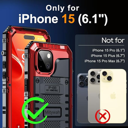 Mitywah Waterproof Case for iPhone 15, Heavy Duty Shockproof Case with Built-in Screen Protector, Full Body Underwater Protective Metal Case 6.1 inch, Red