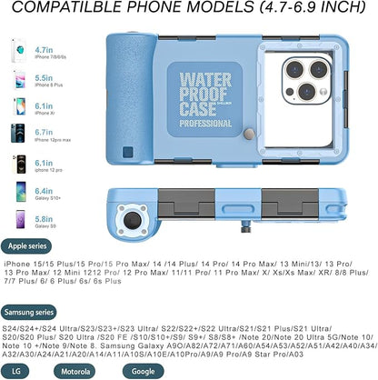 Underwater Snorkeling Diving Phone Case, Waterproof Phone Case for iPhone 16/15/14/13/12/11Pro Max/XR/XS for Samsung Galaxy S24/S23/S22/S21,Universal Scuba Underwater Photo Video Housing(Blue)